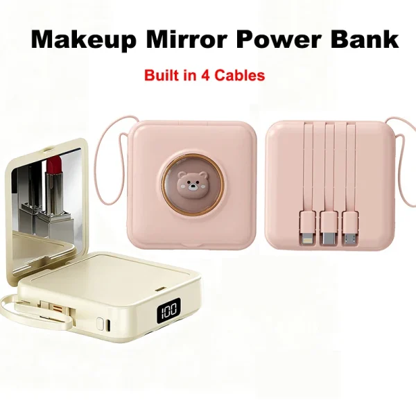 20000mAh Mini Power Bank in 4 Kabel tragbaren Ladegerät niedlich Pet Cartoon Make-up Spiegel Powerbank externe Batterie