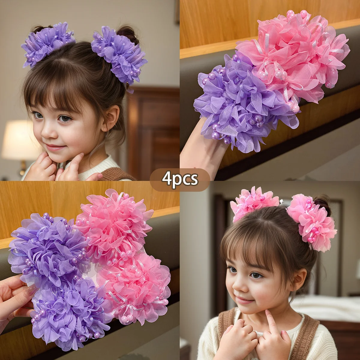 4 little girls, cute pink and purple headbands, children's hair accessories with floral headbands