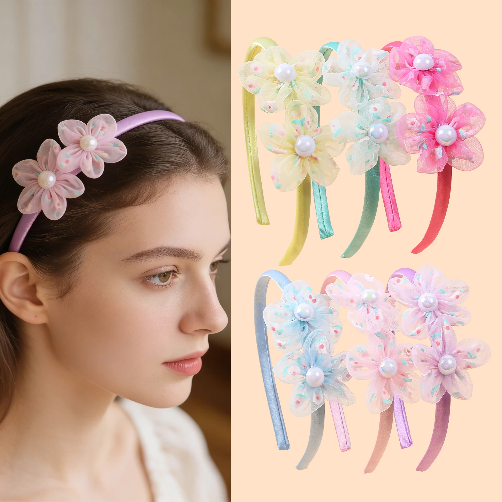 3/6PCS Print Lace Flower Headbands for Women Girls Satin Hairbands Pearl Floral Headband Hair Accessories