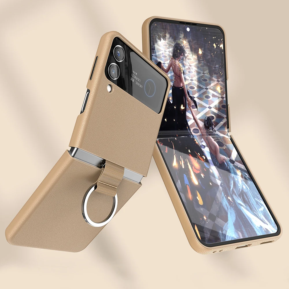 Clearance Sale Genuine Cowhide Leather Phone Case for Samsung Galaxy Z Flip 3 Flip3 Ring Lanyard Shockproof Separate Back