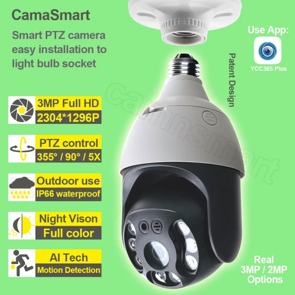 Caméra dropshipping Wifi Onvif 3MP E27 Ampoule PTZ Imperméable 4X Digital Zoom Facile à installer Outdoor Home Security