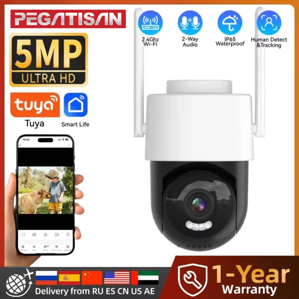 Tuya Wifi PTZ Caméra Outdoor 5X Zoom Caméra IP de sécurité 5MP Pleine Couleur Surveillance de la vision nocturne Suivi