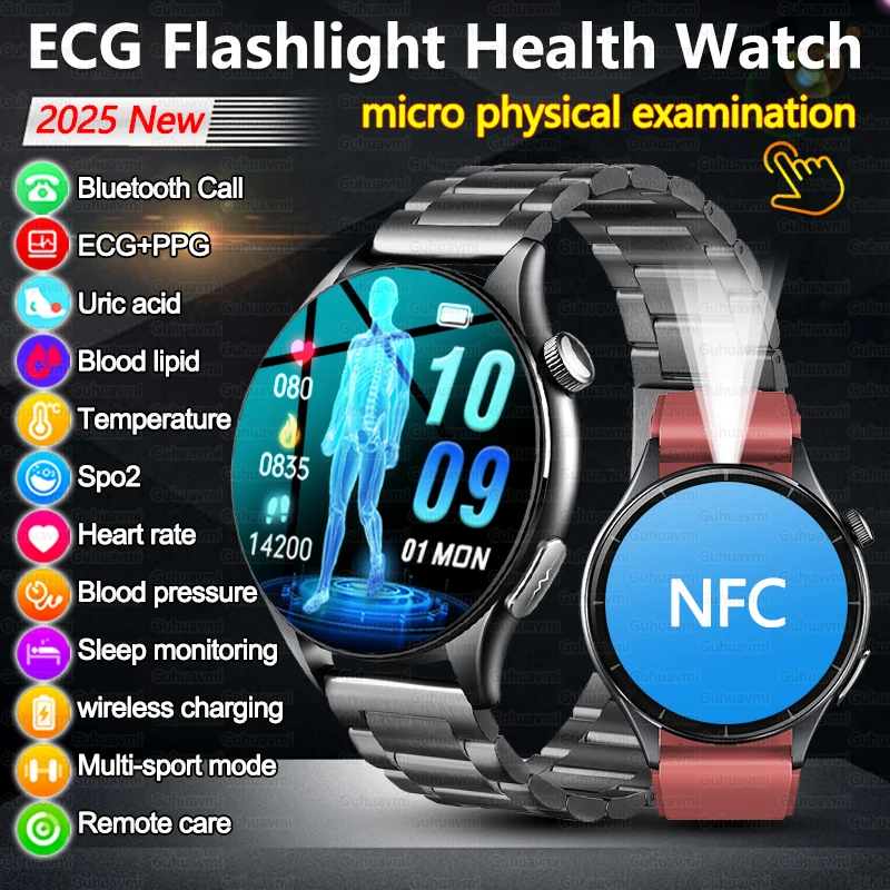 2025 New LED Flashlight NFC Bluetooth Call Smartwatch Men AMOLED HD Screen ECG+PPG+HRV Blood Lipids Uric Acid Health Smart