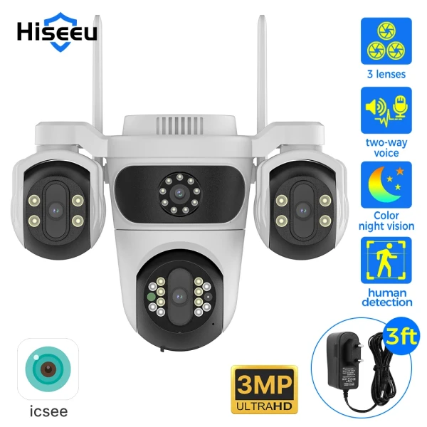 Hiseeu IP Camera Three Lens 4x Zoom WiFi PTZ Camera Outdoor Waterproof 3MP Auto Tracking CCTV Security Surveillance Cam iCsee