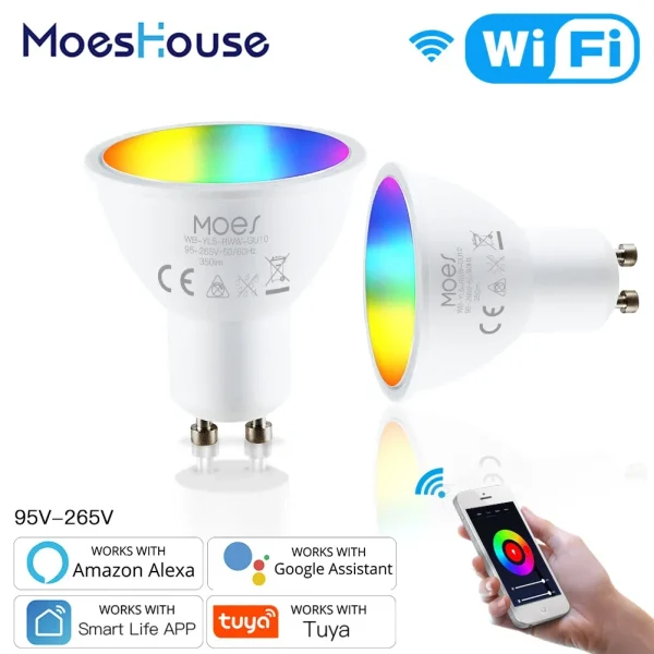 MoesHouse GU10 WiFi Ampoules LED intelligentes RGBW C+W Lampes Dimmable Blanc Life Tuya Ampoules de télécommande Travaillez