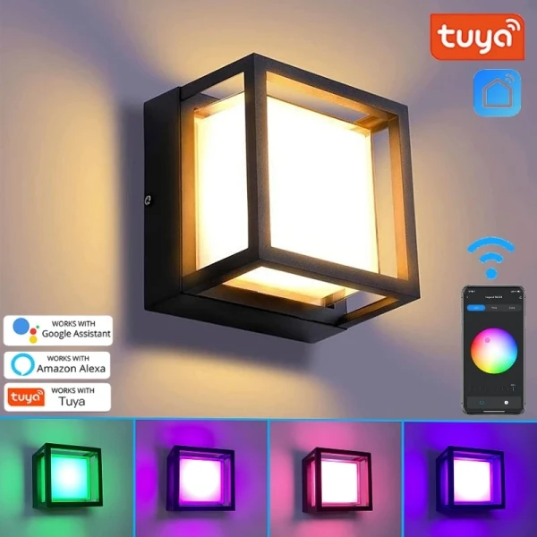 Outdoor Tuya Wifi LED Smart Lampes murales 10W Cube RGB App Dimmable Scence Waterproof Jardin Alexa Google Home Lampe