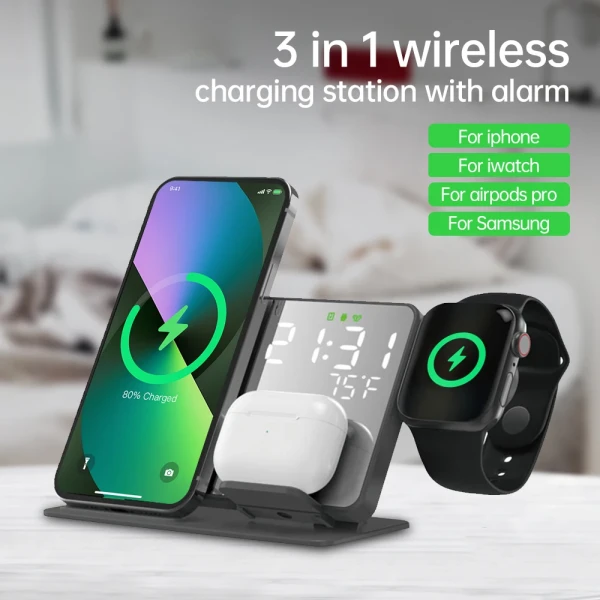 3 in 1 Wireless Ladegerät für iPhone 14 13 12 Pro Apple Watch S8 7 15W Fast Charging Dock Station Desktop LED Digital Alarm