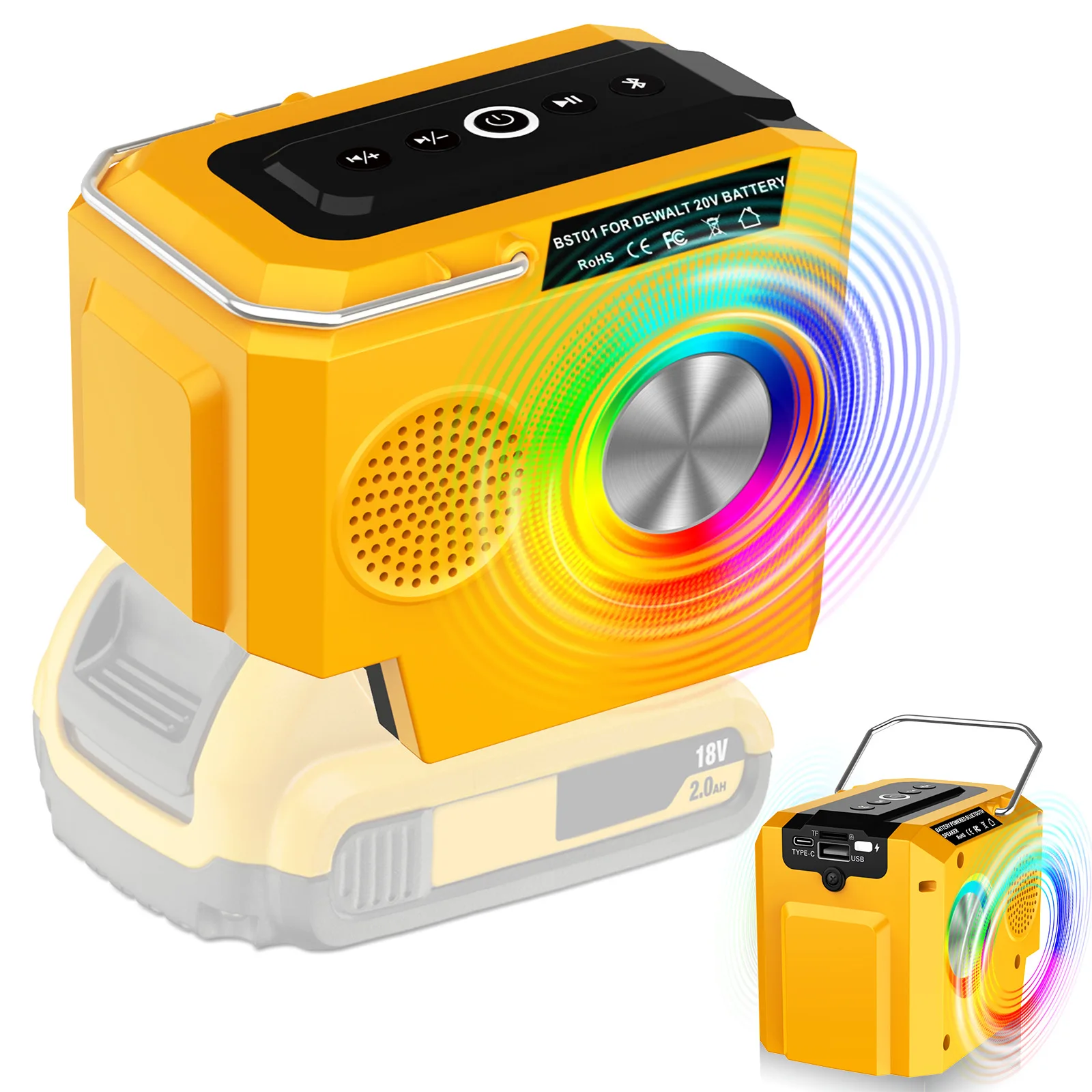 Portable Jobsite Speaker for Dewalt 20V Battery 10W Bluetooth Wireless with USB Charger & TF Card for Camping Construction