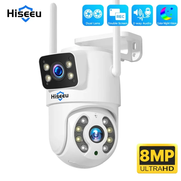 Hiseeu 4K 8MP Telecamera di sorveglianza Wi-Fi Dual Lens 4X Digital Zoom AI Human Detect Wireless Outdoor Security PTZ