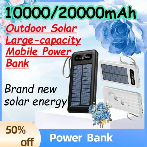 (CCC)10000/20000mAh Outdoor Solar Large-Capacity Mobile Power Bank for IPhone Android Phone Shared Self - Contained Cable