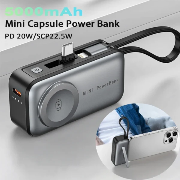 Pocket Power Bank Portable Fast Charge Type C External Battery for iPhone Watch Samsung Xiaomi With Cable Quick Charge