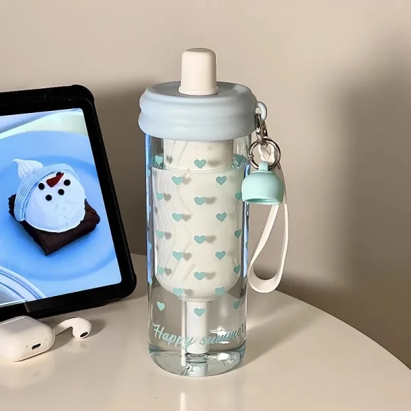 Sport: Cute Hearts Water Bottle With Filter Straw Cover Kawaii Tritan Sport Coffee Tea Juice Cup Gym Bottle