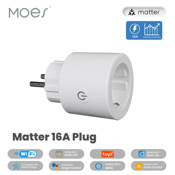 Smart Home: MOES Smart EU/US/UK Plug Matter WiFi Socket Timer Outlet Power Monitor Support TUYA Apple Homekit