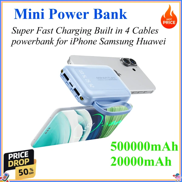Gadgets: Mini Power Bank Super Fast Charging Built in 4 Cables Digital Display Powerbank for iPhone Samsung