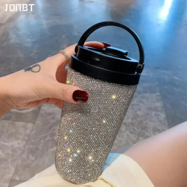 Sport: Luxury Rhinestone Tumbler Stainless Steel Thermal Water Bottle Insulated Coffee Mug With Handle