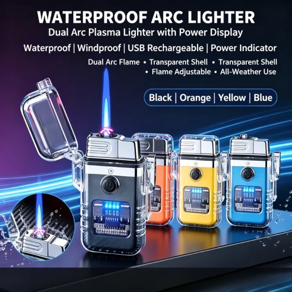 Transparent Turbine Plasma Lighter Double Mode Butane & Électrique Arc Windproof USB Rechargeable
