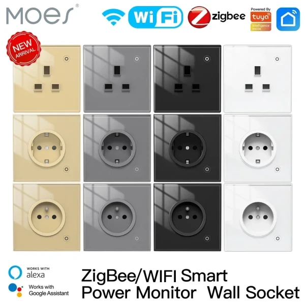 Maison Connectée: Moes ZigBee Wall Socket WIFI Smart Glass Panel Outlet Power Monitor tuya Wireless Control Timer