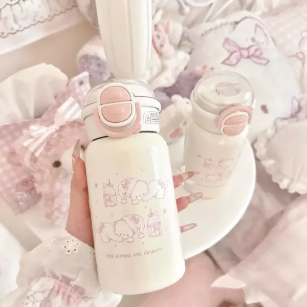 Cute Straw & Sip Lid Insulated Water Bottle -Kawaii 316 Stainless Steel Travel Mug,Portable Leak