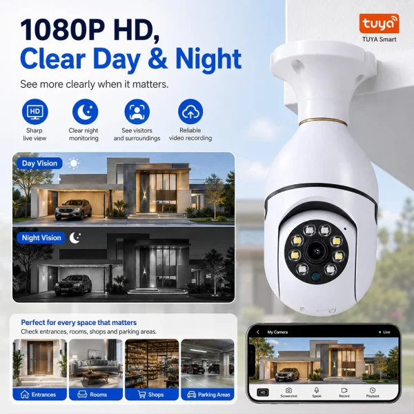Smart Home: Bulb Camera Tuya Wireless Light 2MP HD E27 WiFi Security IP Camera 360 Pan Tilt Night Vision Motion