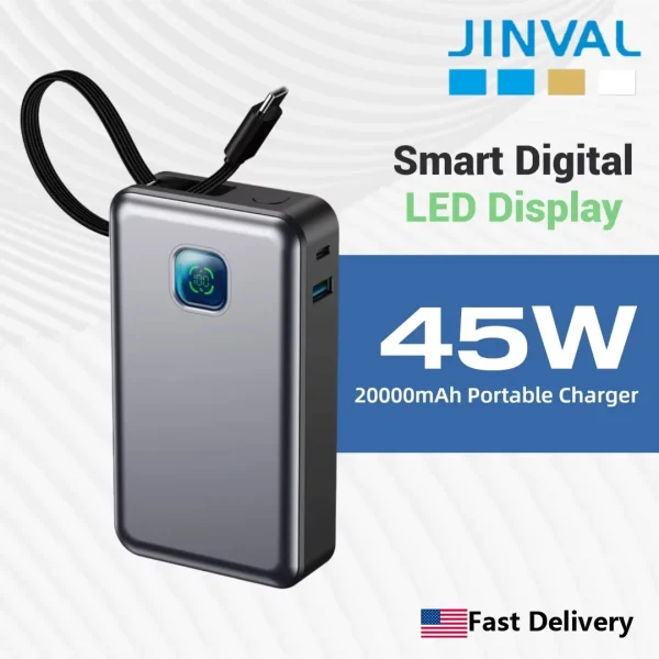 Electronics: JINVAL Power Bank LED Display Fast Charging Portable Charger Output Built-in Cable For iPhone 17