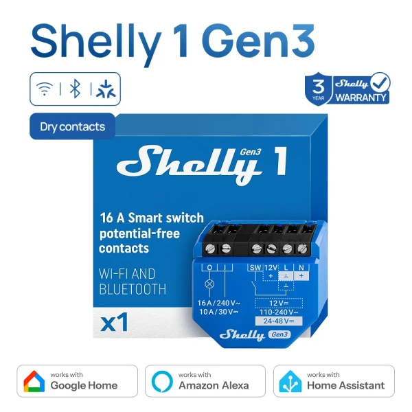 Smart Home: Shelly 1 Dry Contact Smart Switch WiFi Bluetooth Operated Relay Low Voltage Support Over Temperature