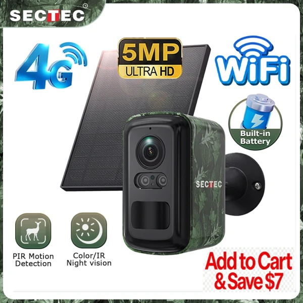 Smart Home: Sectec 5MP Mini Solar 4G Camera Outdoor Surveillance Camouflage Color WiFi Security Camera PIR