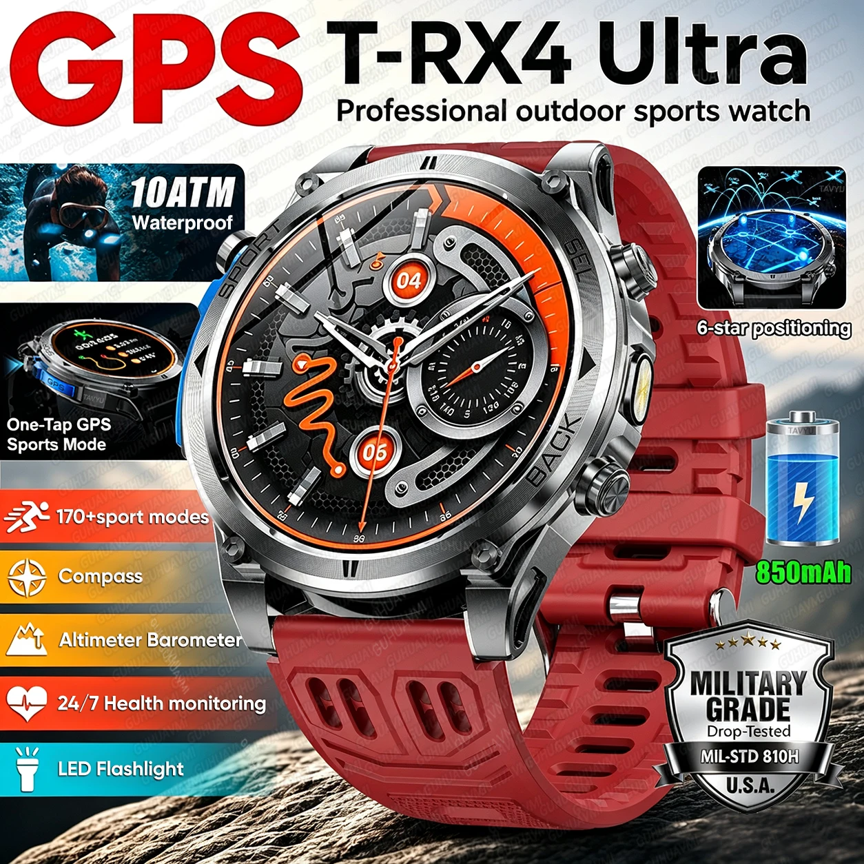 2026 New T-RX4 Ultra GPS Smart Watch Dual Band GPS 170+Sports Flashlight 10ATM Waterproof 850mAh Battery Men Military
