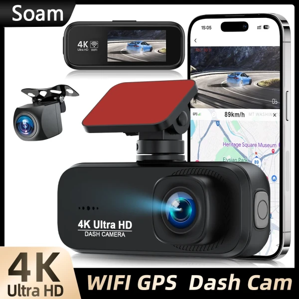 Soam Dash Cam Front and Rear 4K/1080P,Dash Camera for Cars Build in WiFi,24H Parking Mode,Night