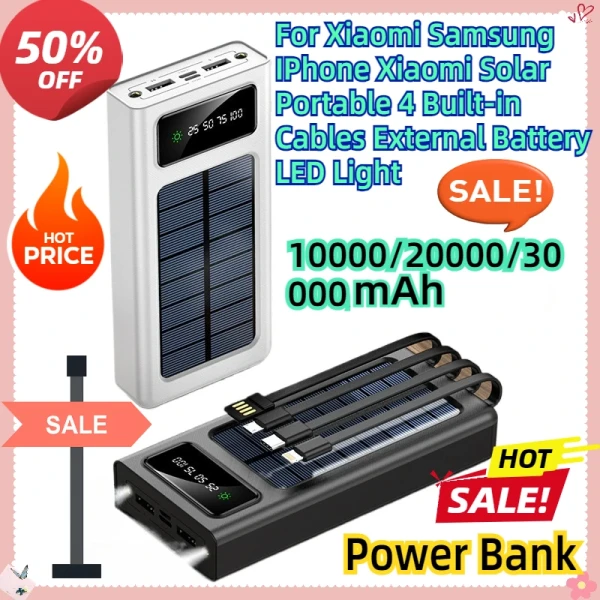 Gadgets: Pour Xiaomi Samsung IPhone Xiaomi Solar Power Bank Portable 4 câbles intégrés Batterie externe
