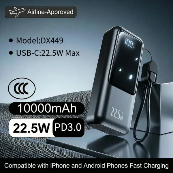 Gadgets: 22,5W Power Bank Chargeur portable de charge rapide Câble de type C intégré PD Pack de batterie