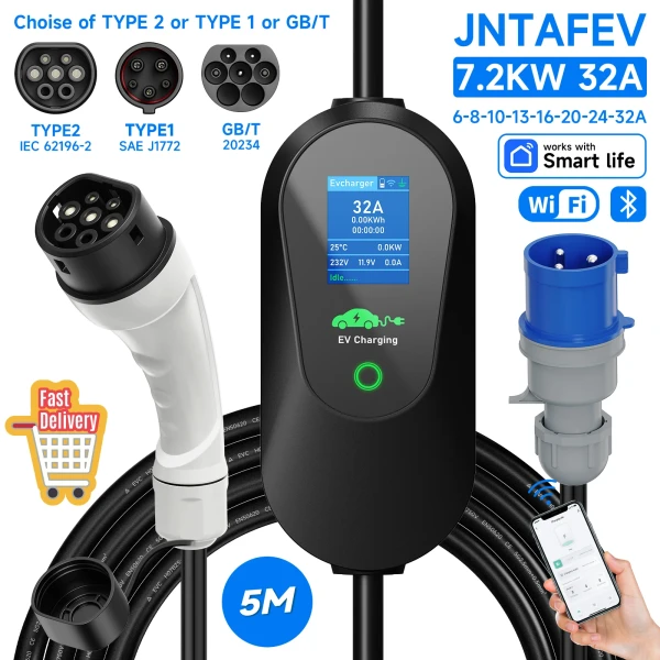 Hogar Inteligente: JNTAFEV Cargador de vehículos eléctricos portátiles 32A EV caja de pared CEE Plug WIFI APP Control