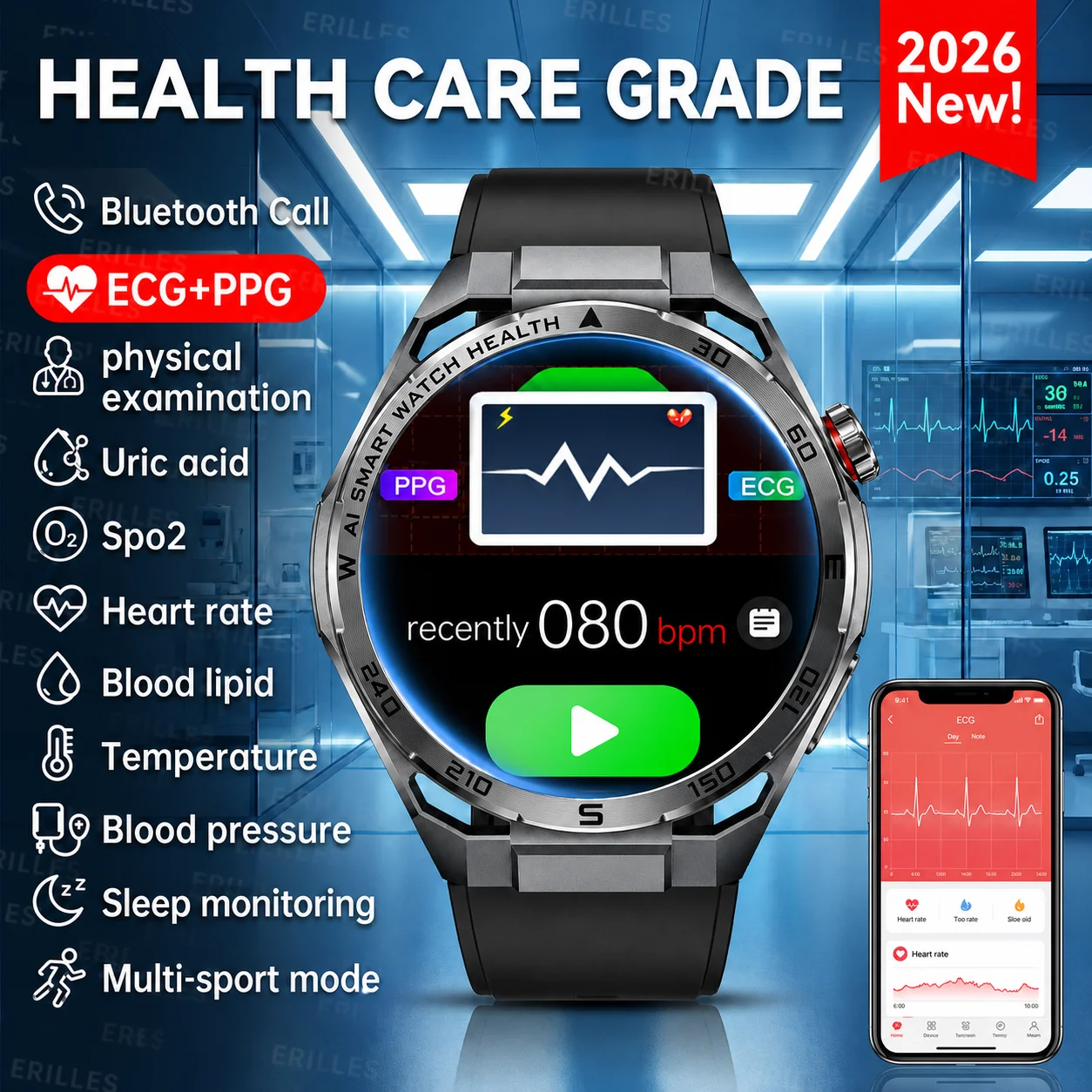 ECG High-end Health Smart Watch Men Body Analysis Blood Pressure Lipids Bloodoxygen Uric Acid Health Tracker Smartwatch Men