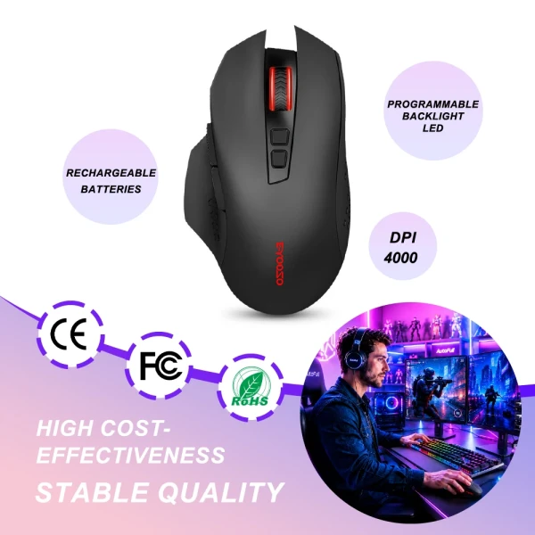 Mouse de jeu sans fil Mini Silent 4000 DPI Rechargeable LED Light Computer Sans fil Mouse de jeu