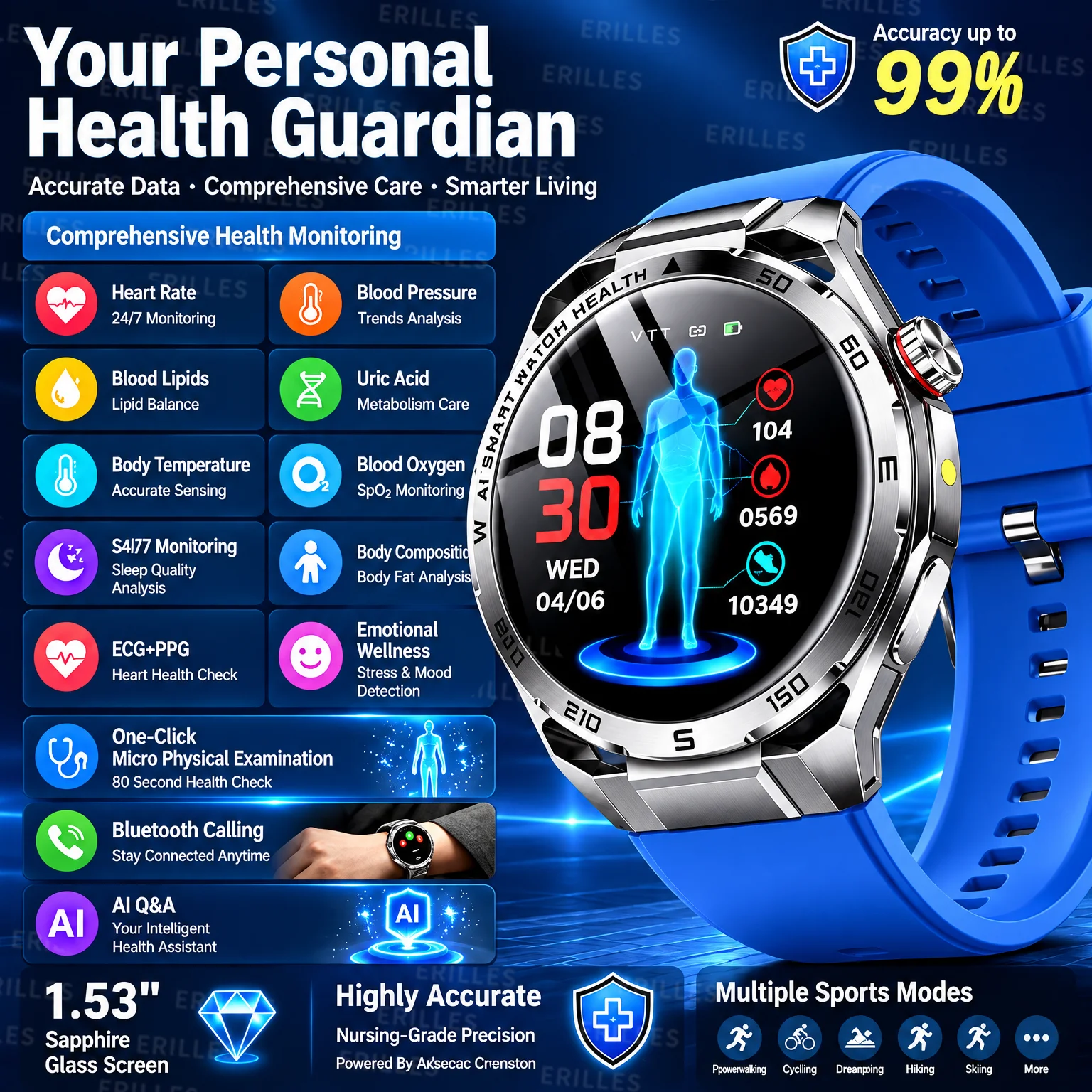 Medical ECG Watch 2026 AI Medical Smart Watch Blood Oxygen Uric Acid Blood Pressure Body Fat Fitness IP68 Waterproof