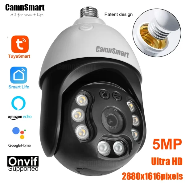 Smart Home: Camnsmart Tuya 5MP Alexa Wifi Bulb Camera E27 Google Home Wireless CCTV Outdoor Video Surveillance