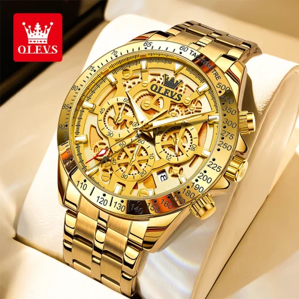 OLEVS Luxury Brand Gold Quartz Watch Skeleton Stainless Steel Chronograph Wristwatch Waterproof