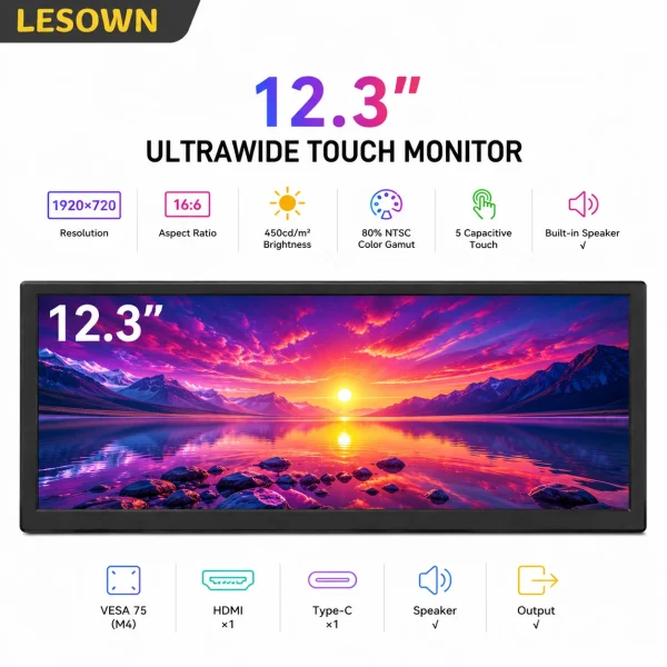 LESOWN Portable Ultrawide Touchscreen Monitor 12.3 Zoll Sekundärdisplay 16