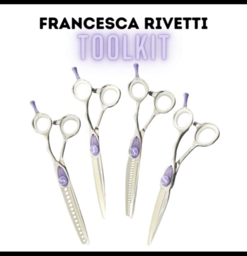 FRANCESCA RIVETTI 4 SHEAR TOOLKIT -4 SHEAR TOOLKIT INCLUDES: CUTTING SHEAR OF CHOICE IN LENGTH 23 TOOTH SEAMLESS BLENDER 14 TOOTH POINT-CUT TEXTURE SHEAR SLIDE CUTTING SHEAR