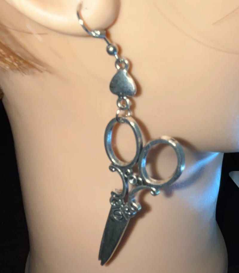 Large silver dangle scissor earring