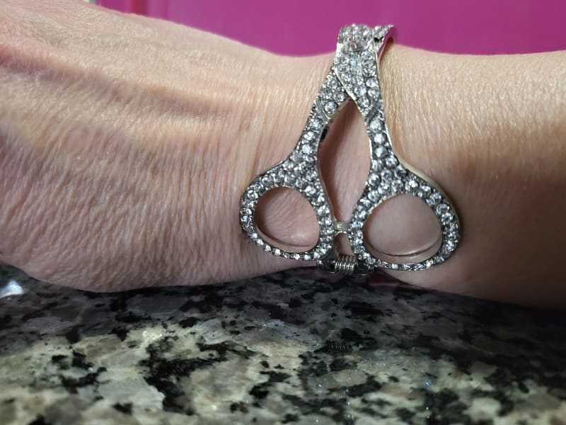 Silver rhinestone cuff scissors bracelet