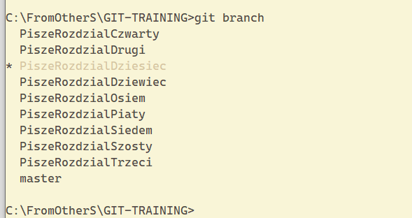 Listing gałęzi po komendzie git branch