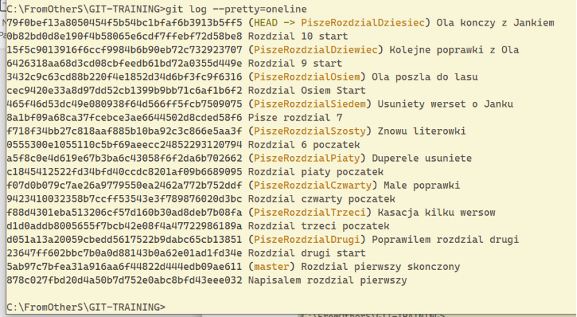 Status po komendzie git log --pretty=oneline