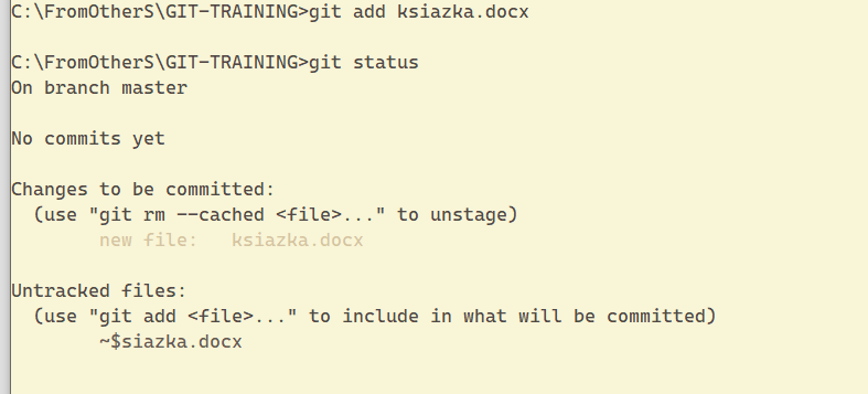 Status plików po komendzie git add ksiazka.docx