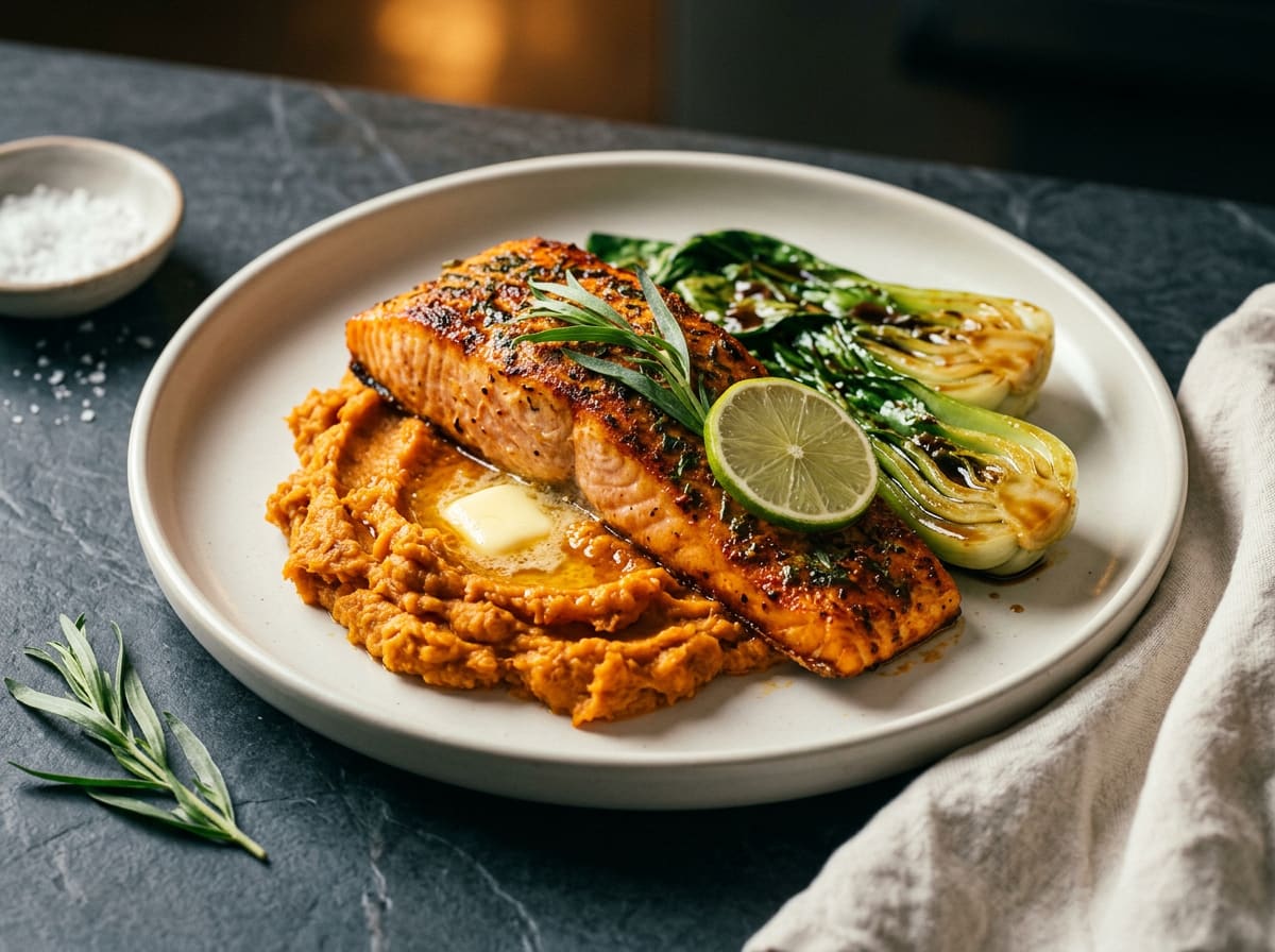 Baked Tarragon-Chile Salmon with Roasted Sweet Potatoes