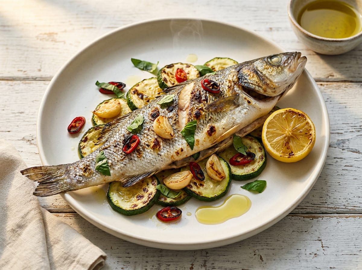 BBQ Sea Bass with Charred Chilli & Garlic Courgettes