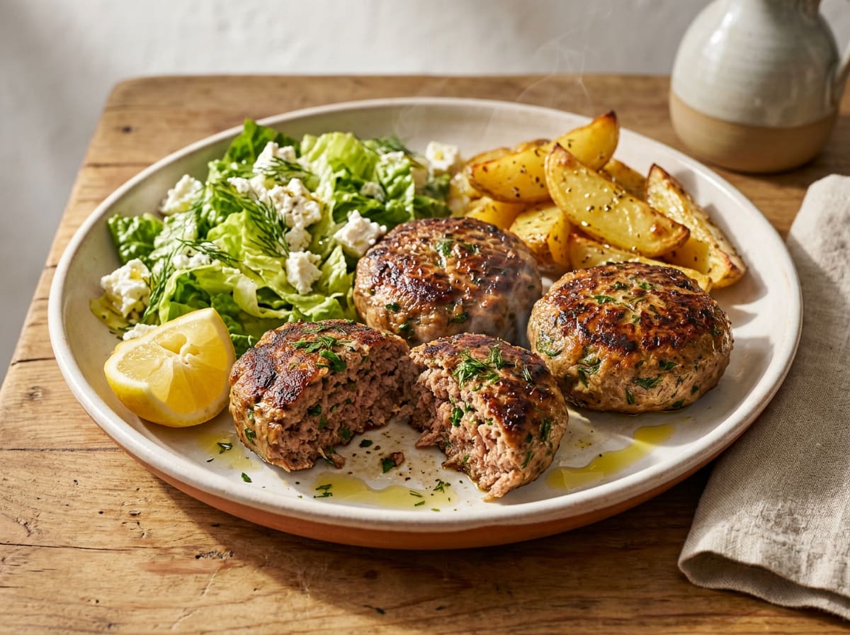 Greek Biftekia with Lemon Roasted Potatoes & Maroulosalata