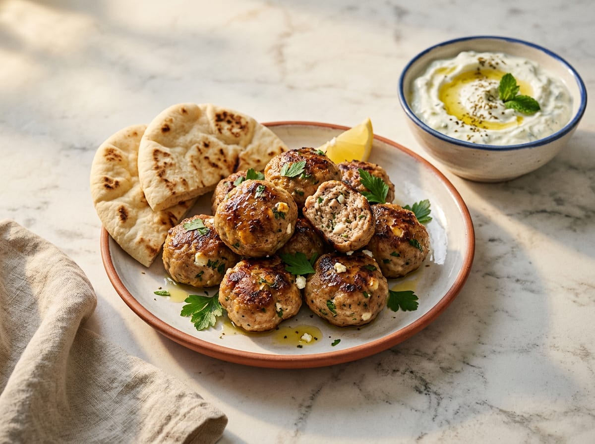 Greek Meatballs (Keftedes) with Traditional Tzatziki