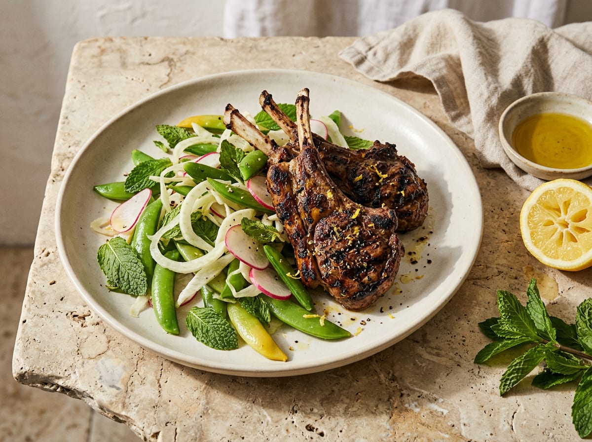 Greek Marinated Lamb Cutlets with Sugar Snap Pea Salad