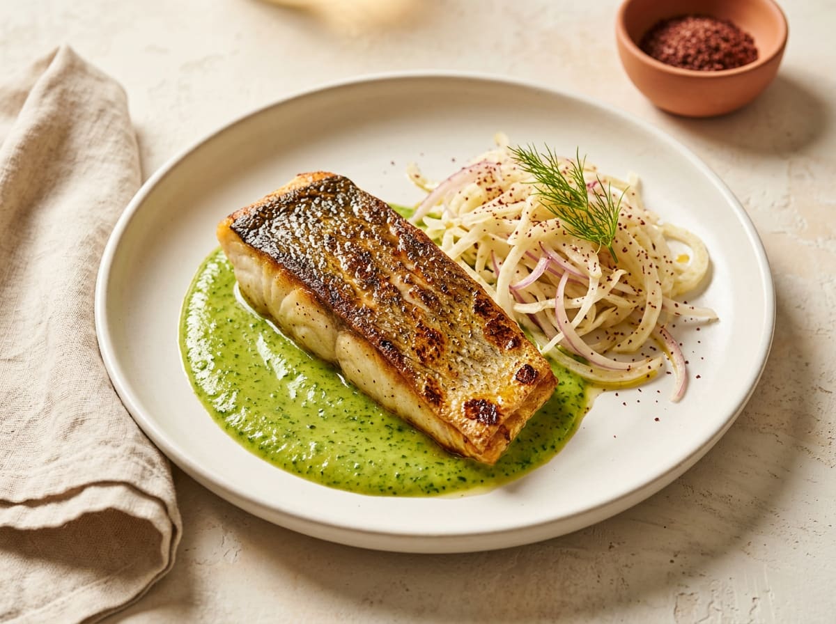 Grilled Chilean Sea Bass with Spicy Green Sauce and Fennel Slaw