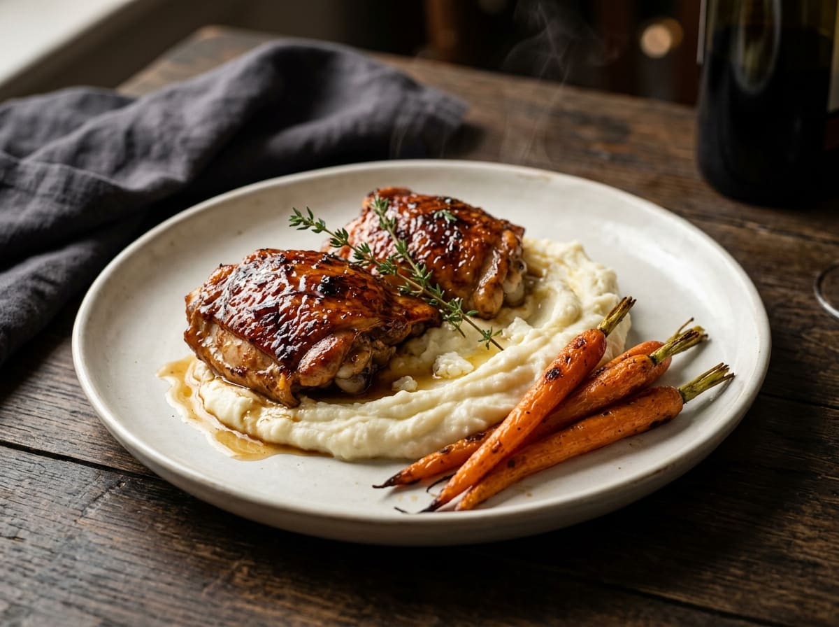 Honey Balsamic Chicken with Goat Cheese Mash & Roasted Carrots